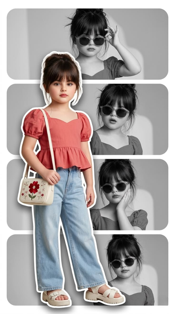 Fashion kids portrait collage — stylish child cutout with artistic black and white photo strips