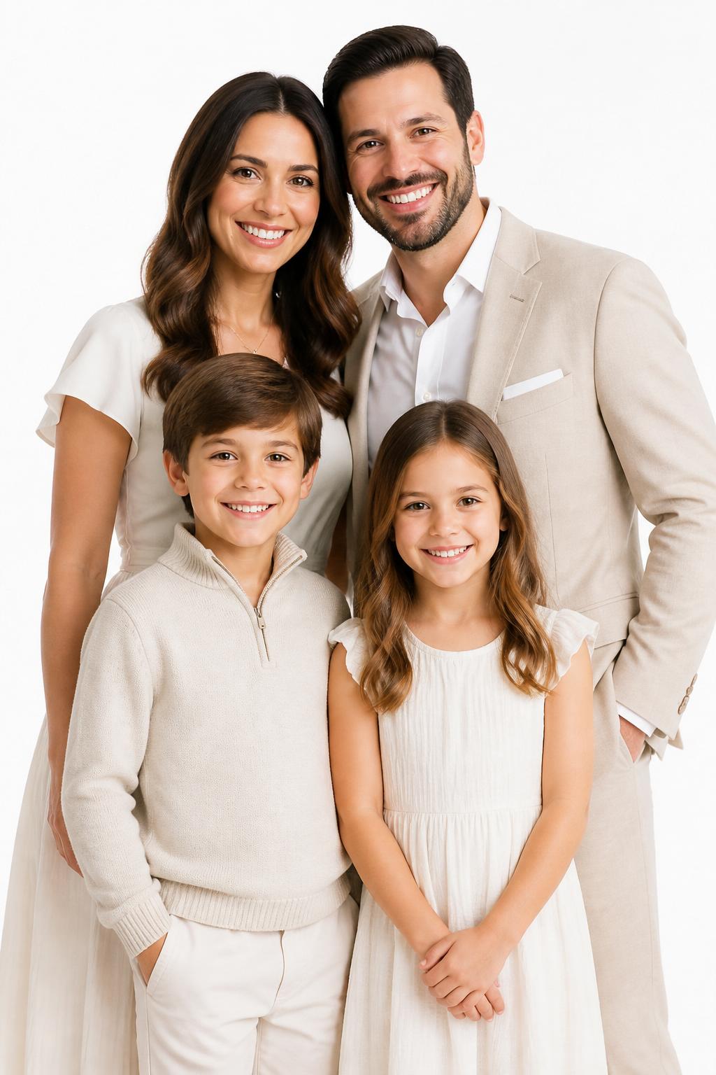 Classic white studio family portrait — parents and two children in elegant attire